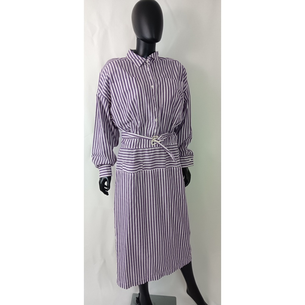 Sunshine Starshine Vintage Purple White Stripe Belted Back Button Dress Size 14